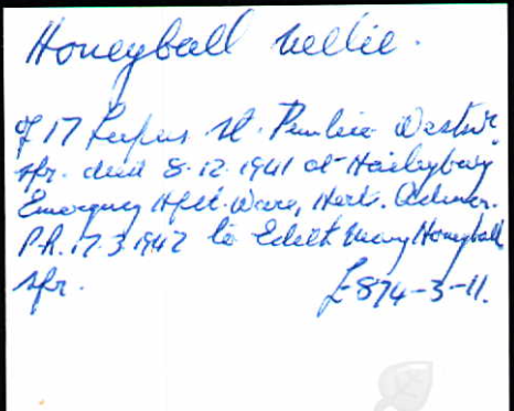 Probate index card, Nellie Honeyball